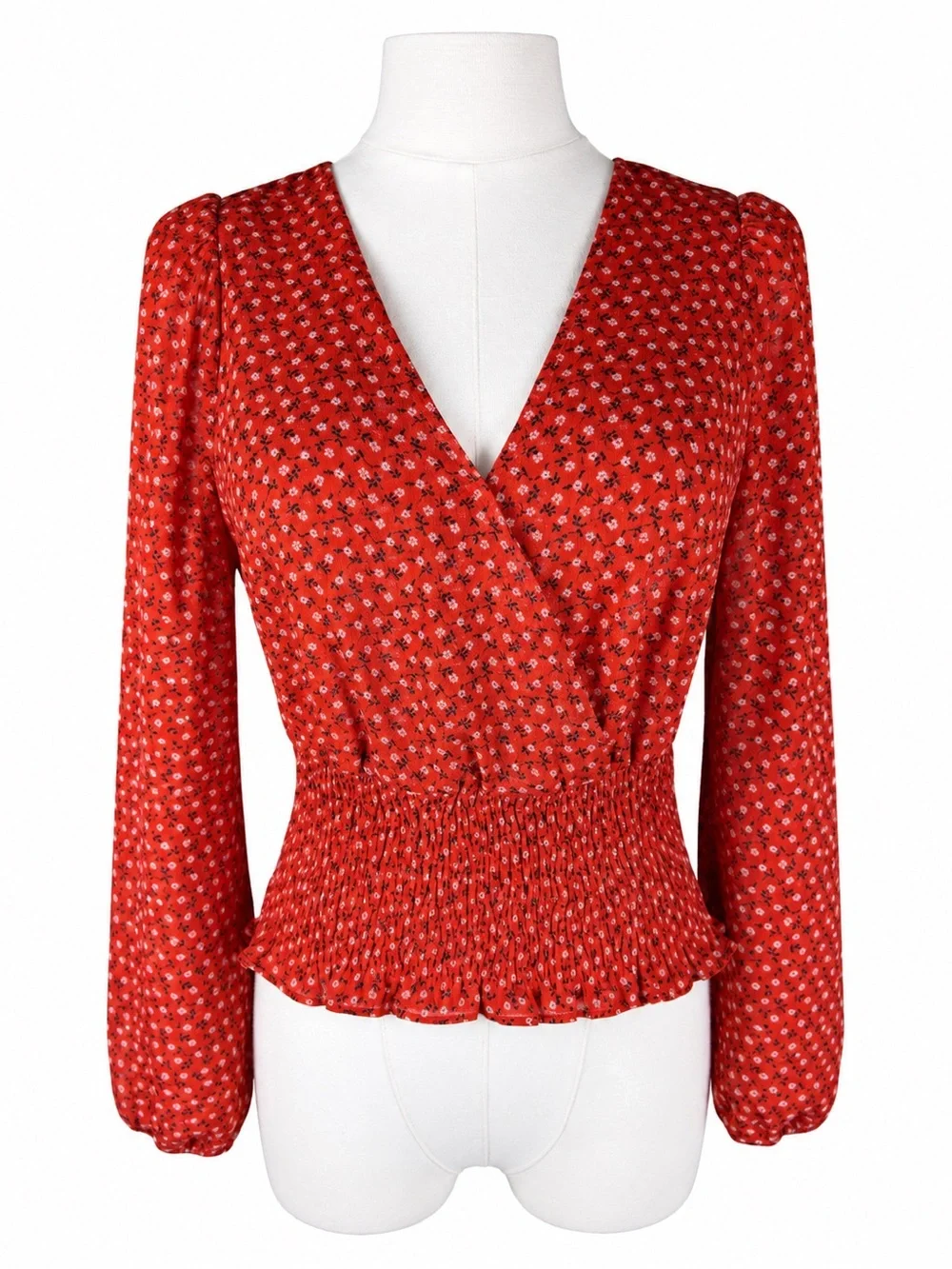 Madewell Red Floral Faux Wrap Wide Elastic Waist Blouse Size Small Puff Sleeve S